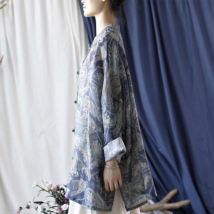 Camisa de lino con manga larga y botones de rana, con diseño geométrico de Buddha Stones , pájaros y flores - image 2