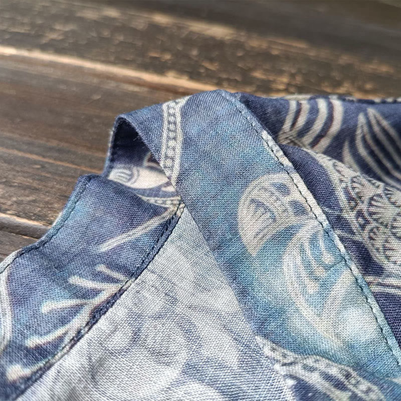 Camisa de lino con manga larga y botones de rana, con diseño geométrico de Buddha Stones , pájaros y flores - image 7