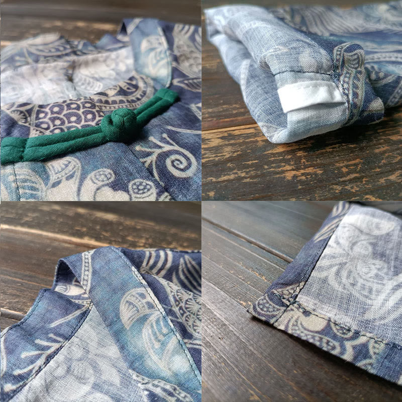 Camisa de lino con manga larga y botones de rana, con diseño geométrico de Buddha Stones , pájaros y flores - image 6