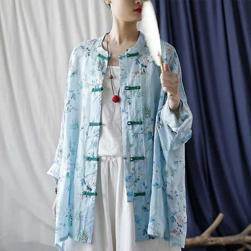Camisa de lino con manga larga y botones de rana , con Buddha Stones, flores de color verde claro y rosa y hojas verdes