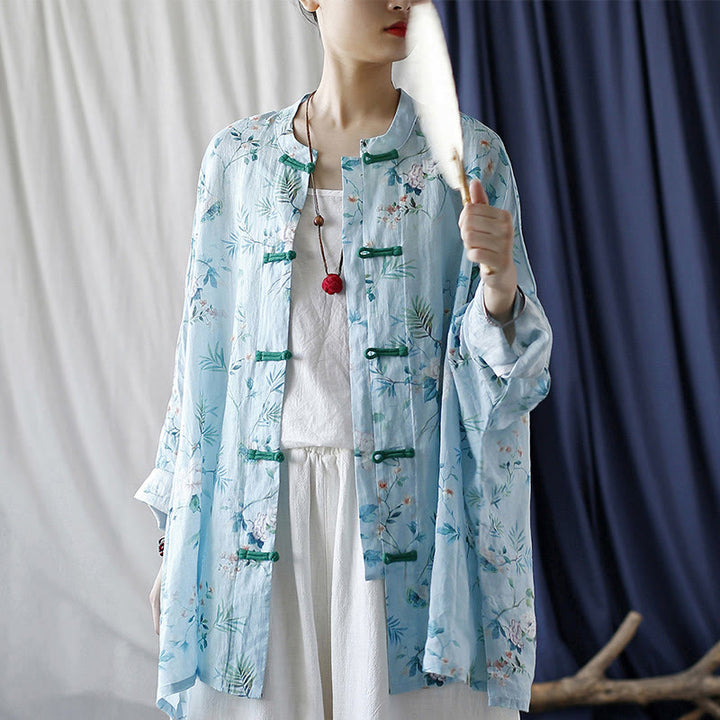Camisa de lino con manga larga y botones de rana , con Buddha Stones, flores de color verde claro y rosa y hojas verdes
