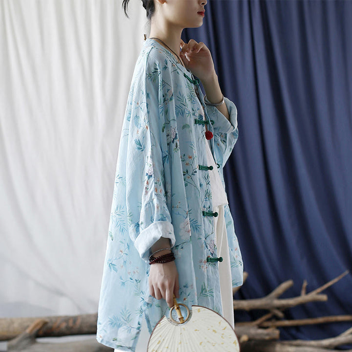 Camisa de lino con manga larga y botones de rana , con Buddha Stones, flores de color verde claro y rosa y hojas verdes - image 5