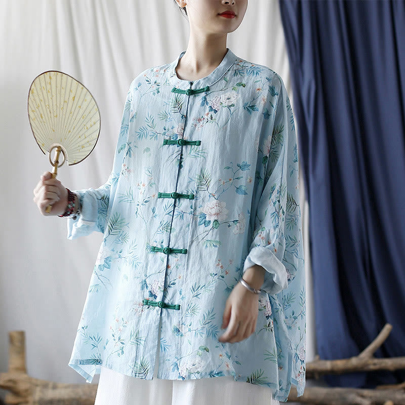 Camisa de lino con manga larga y botones de rana , con Buddha Stones, flores de color verde claro y rosa y hojas verdes