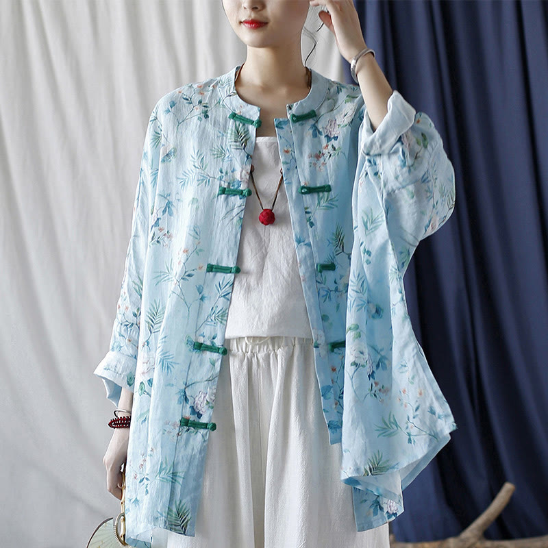 Camisa de lino con manga larga y botones de rana , con Buddha Stones, flores de color verde claro y rosa y hojas verdes