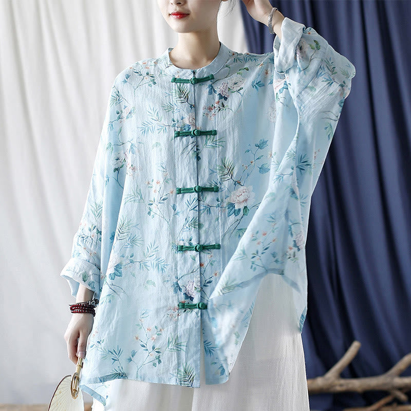 Camisa de lino con manga larga y botones de rana , con Buddha Stones, flores de color verde claro y rosa y hojas verdes