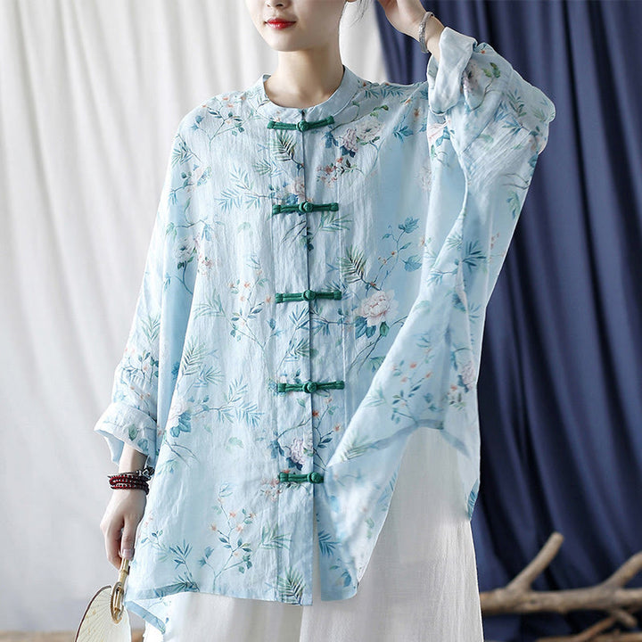 Camisa de lino con manga larga y botones de rana , con Buddha Stones, flores de color verde claro y rosa y hojas verdes