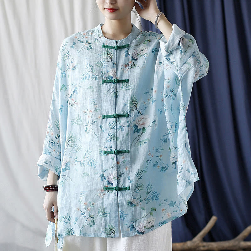 Camisa de lino con manga larga y botones de rana , con Buddha Stones, flores de color verde claro y rosa y hojas verdes