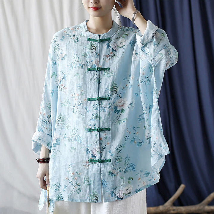 Camisa de lino con manga larga y botones de rana , con Buddha Stones, flores de color verde claro y rosa y hojas verdes