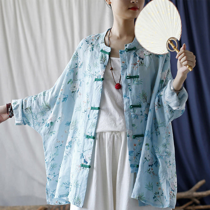Camisa de lino con manga larga y botones de rana , con Buddha Stones, flores de color verde claro y rosa y hojas verdes
