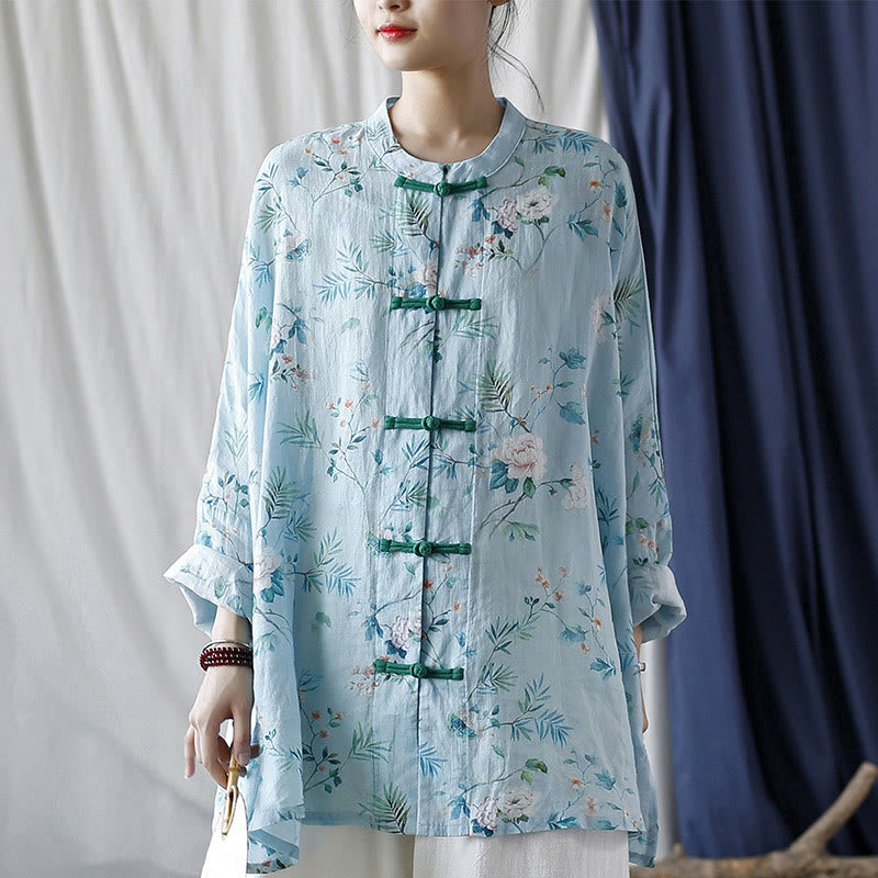 Camisa de lino con manga larga y botones de rana , con Buddha Stones, flores de color verde claro y rosa y hojas verdes