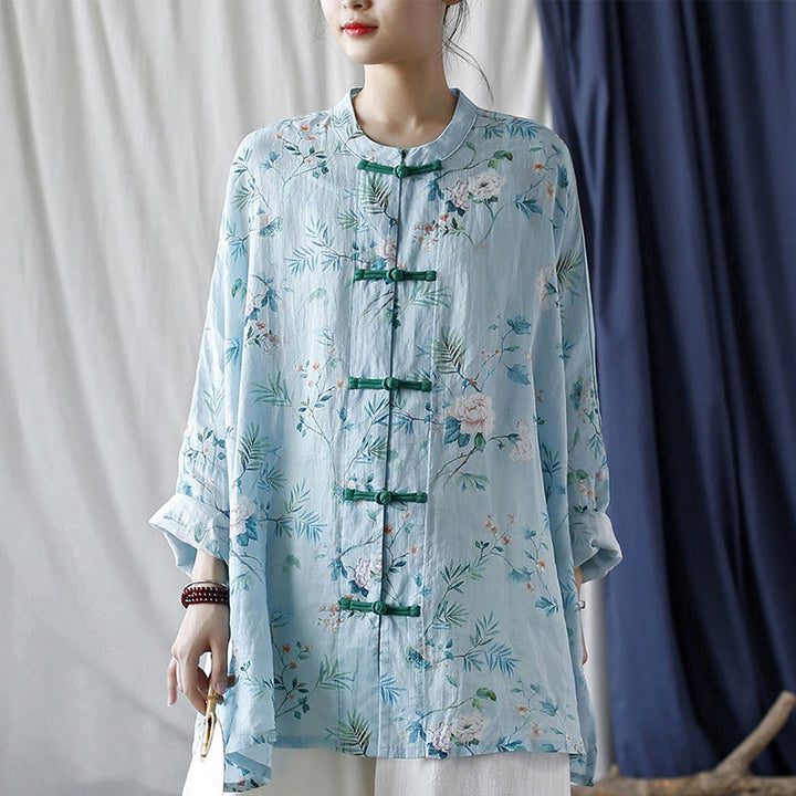 Camisa de lino con manga larga y botones de rana , con Buddha Stones, flores de color verde claro y rosa y hojas verdes