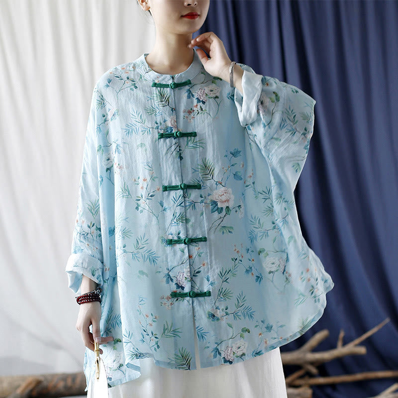 Camisa de lino con manga larga y botones de rana , con Buddha Stones, flores de color verde claro y rosa y hojas verdes
