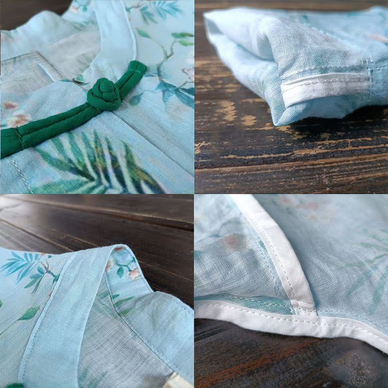 Camisa de lino con manga larga y botones de rana , con Buddha Stones, flores de color verde claro y rosa y hojas verdes