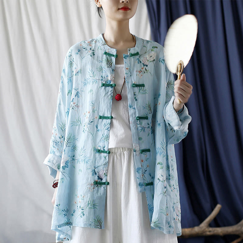 Camisa de lino con manga larga y botones de rana , con Buddha Stones, flores de color verde claro y rosa y hojas verdes - image 26