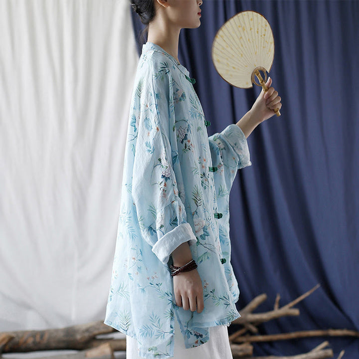 Camisa de lino con manga larga y botones de rana , con Buddha Stones, flores de color verde claro y rosa y hojas verdes - image 2