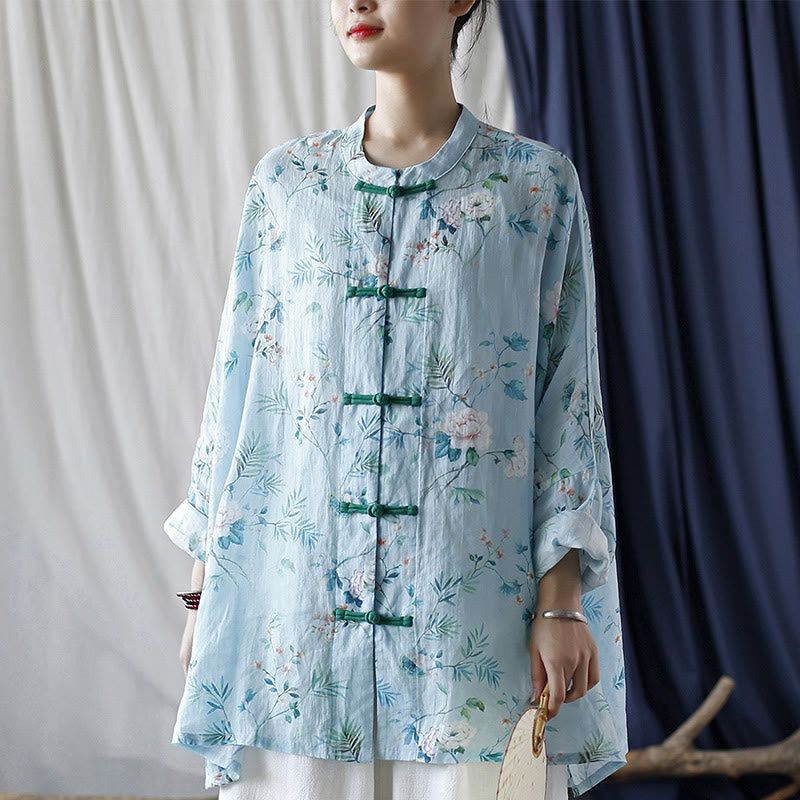 Camisa de lino con manga larga y botones de rana , con Buddha Stones, flores de color verde claro y rosa y hojas verdes