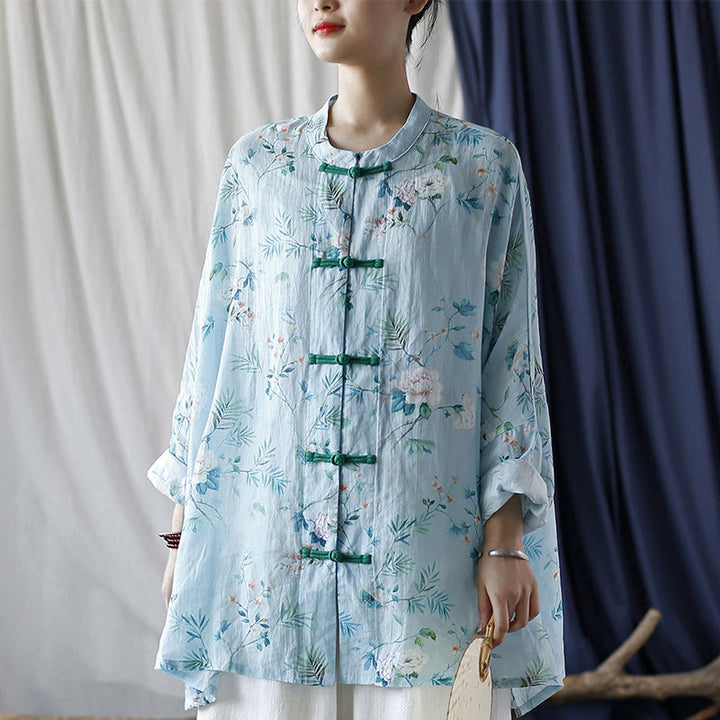 Camisa de lino con manga larga y botones de rana , con Buddha Stones, flores de color verde claro y rosa y hojas verdes