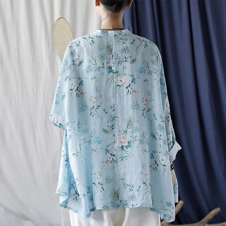 Camisa de lino con manga larga y botones de rana , con Buddha Stones, flores de color verde claro y rosa y hojas verdes