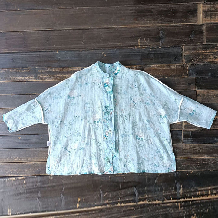 Camisa de lino con manga larga y botones de rana , con Buddha Stones, flores de color verde claro y rosa y hojas verdes