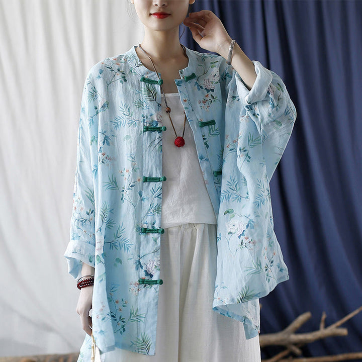 Camisa de lino con manga larga y botones de rana , con Buddha Stones, flores de color verde claro y rosa y hojas verdes