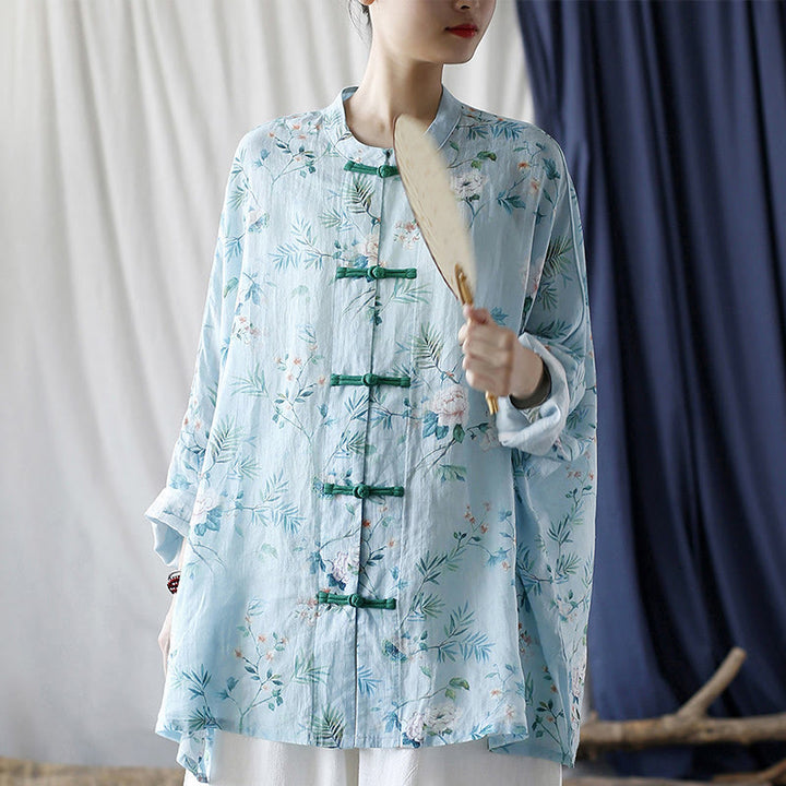 Camisa de lino con manga larga y botones de rana , con Buddha Stones, flores de color verde claro y rosa y hojas verdes