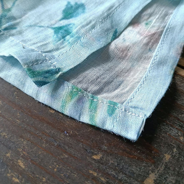 Camisa de lino con manga larga y botones de rana , con Buddha Stones, flores de color verde claro y rosa y hojas verdes - image 15