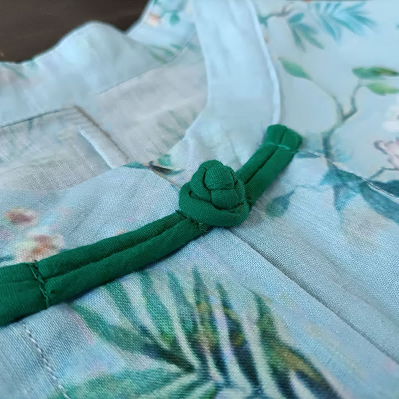 Camisa de lino con manga larga y botones de rana , con Buddha Stones, flores de color verde claro y rosa y hojas verdes
