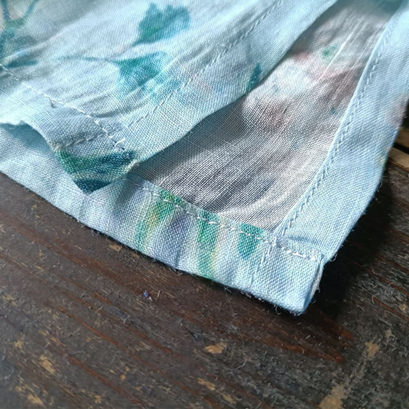 Camisa de lino con manga larga y botones de rana , con Buddha Stones, flores de color verde claro y rosa y hojas verdes