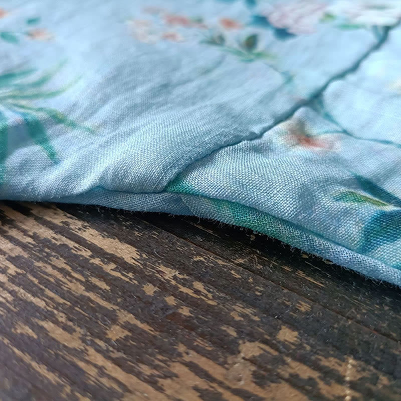 Camisa de lino con manga larga y botones de rana , con Buddha Stones, flores de color verde claro y rosa y hojas verdes - image 12