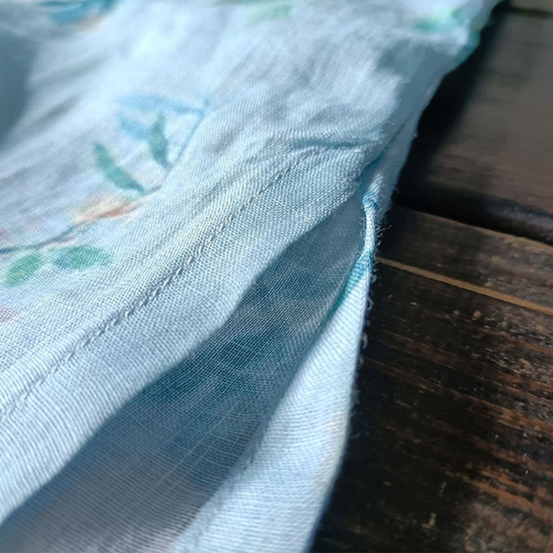 Camisa de lino con manga larga y botones de rana , con Buddha Stones, flores de color verde claro y rosa y hojas verdes