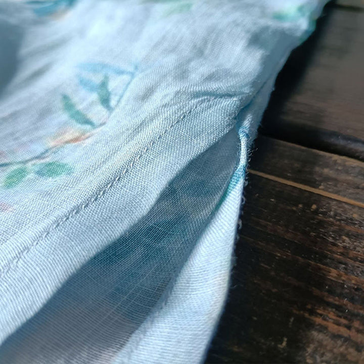 Camisa de lino con manga larga y botones de rana , con Buddha Stones, flores de color verde claro y rosa y hojas verdes
