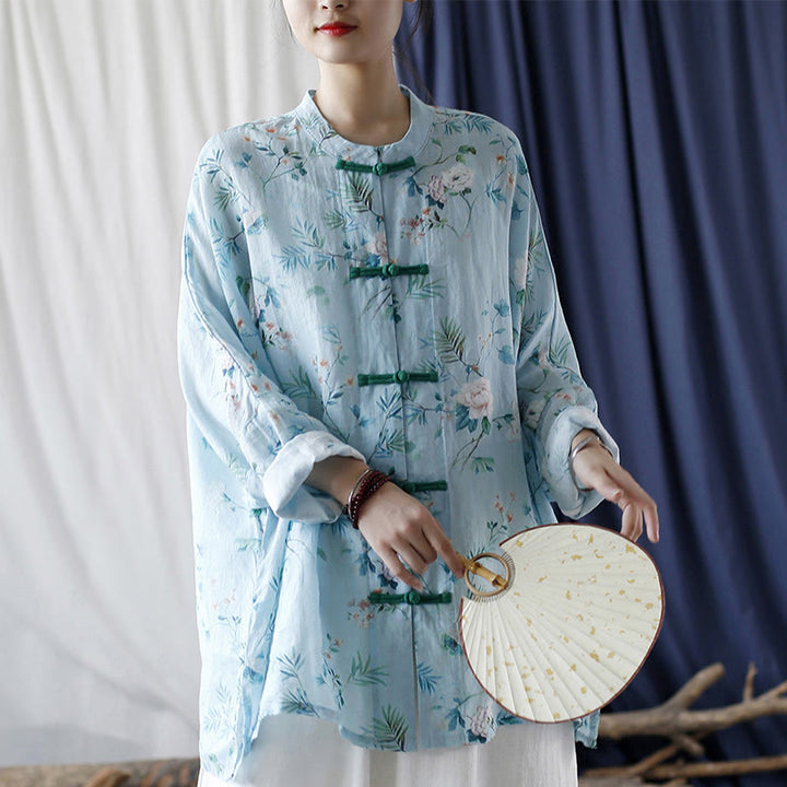 Camisa de lino con manga larga y botones de rana , con Buddha Stones, flores de color verde claro y rosa y hojas verdes