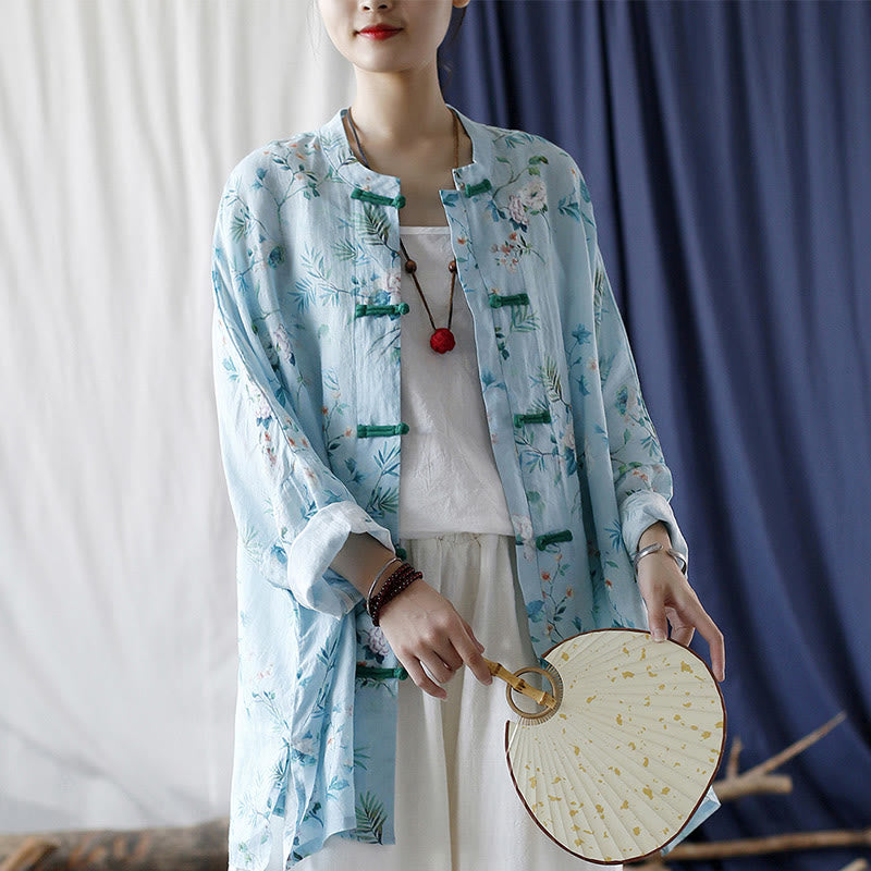 Camisa de lino con manga larga y botones de rana , con Buddha Stones, flores de color verde claro y rosa y hojas verdes