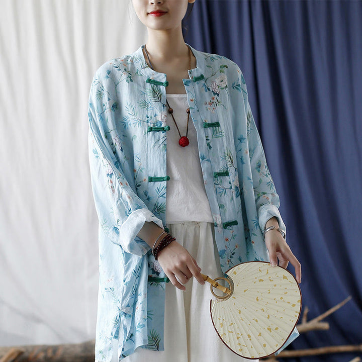Camisa de lino con manga larga y botones de rana , con Buddha Stones, flores de color verde claro y rosa y hojas verdes
