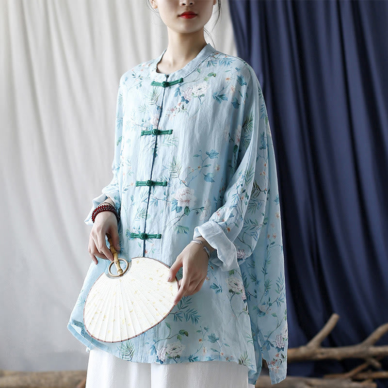 Camisa de lino con manga larga y botones de rana , con Buddha Stones, flores de color verde claro y rosa y hojas verdes - image 29