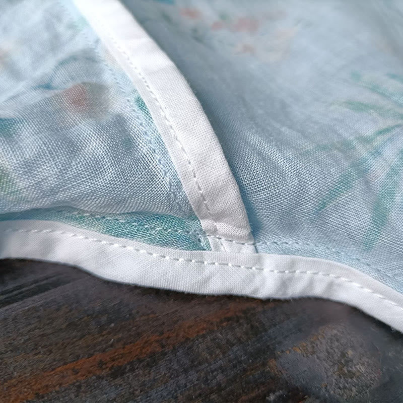 Camisa de lino con manga larga y botones de rana , con Buddha Stones, flores de color verde claro y rosa y hojas verdes
