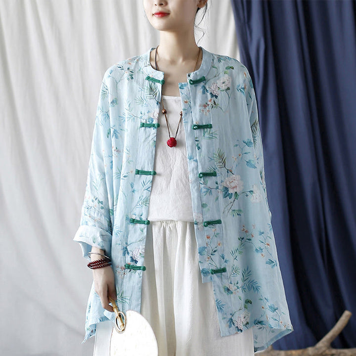 Camisa de lino con manga larga y botones de rana , con Buddha Stones, flores de color verde claro y rosa y hojas verdes