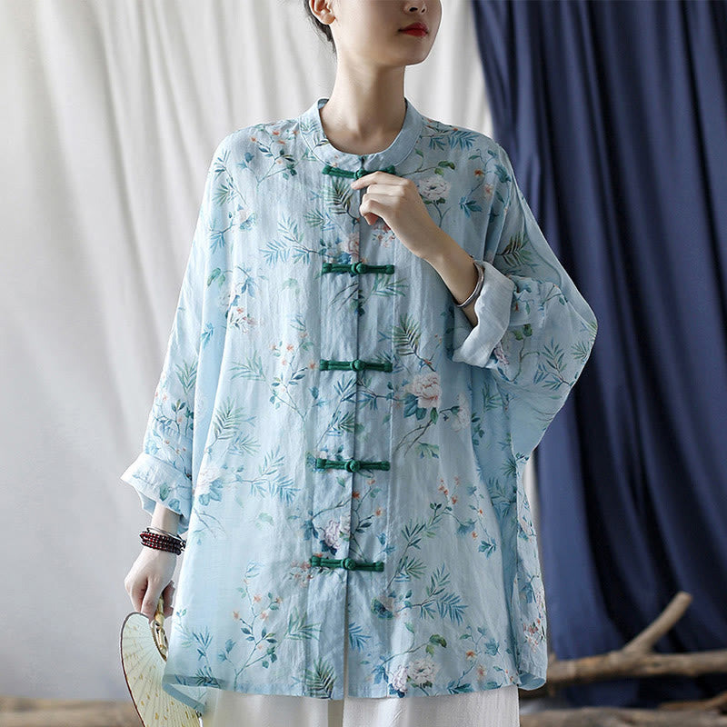 Camisa de lino con manga larga y botones de rana , con Buddha Stones, flores de color verde claro y rosa y hojas verdes