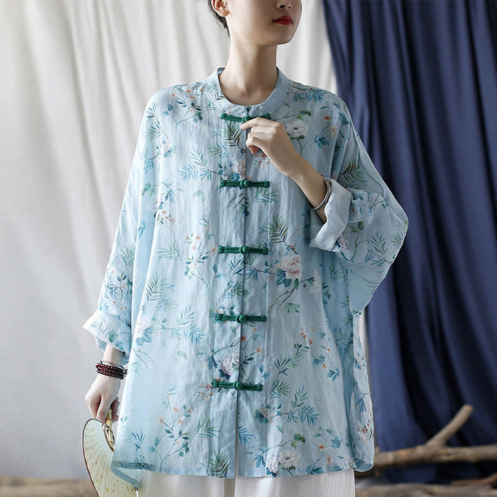 Camisa de lino con manga larga y botones de rana , con Buddha Stones, flores de color verde claro y rosa y hojas verdes