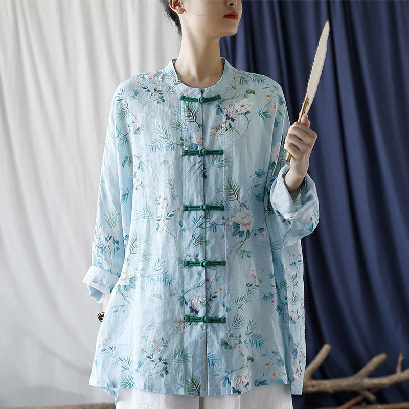 Camisa de lino con manga larga y botones de rana , con Buddha Stones, flores de color verde claro y rosa y hojas verdes