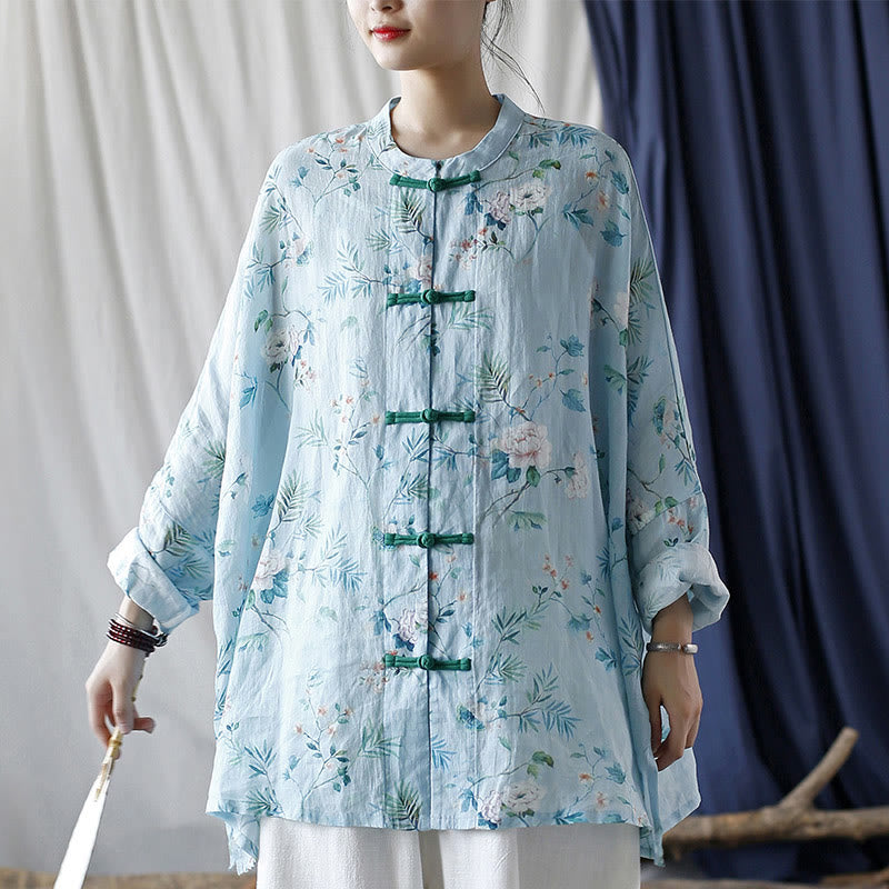 Camisa de lino con manga larga y botones de rana , con Buddha Stones, flores de color verde claro y rosa y hojas verdes