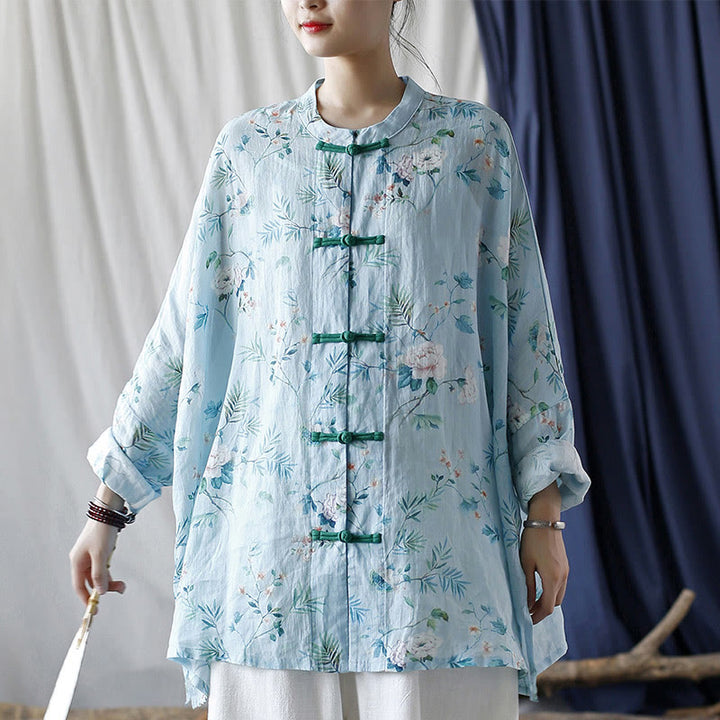 Camisa de lino con manga larga y botones de rana , con Buddha Stones, flores de color verde claro y rosa y hojas verdes