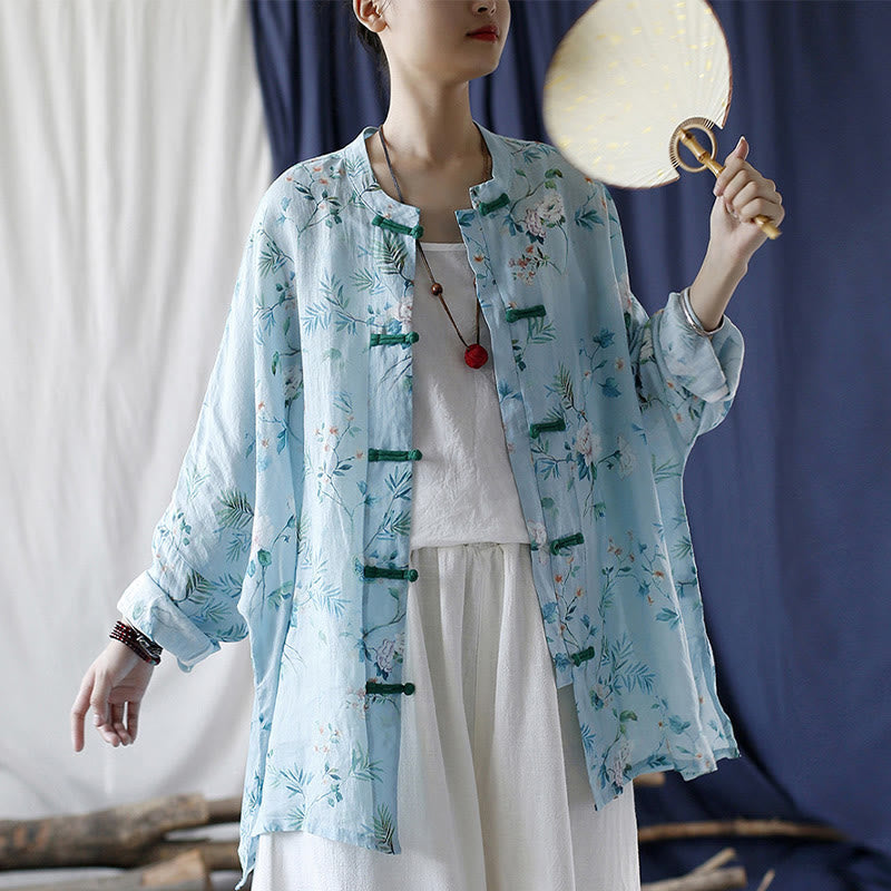 Camisa de lino con manga larga y botones de rana , con Buddha Stones, flores de color verde claro y rosa y hojas verdes