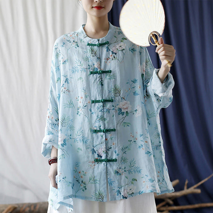 Camisa de lino con manga larga y botones de rana , con Buddha Stones, flores de color verde claro y rosa y hojas verdes