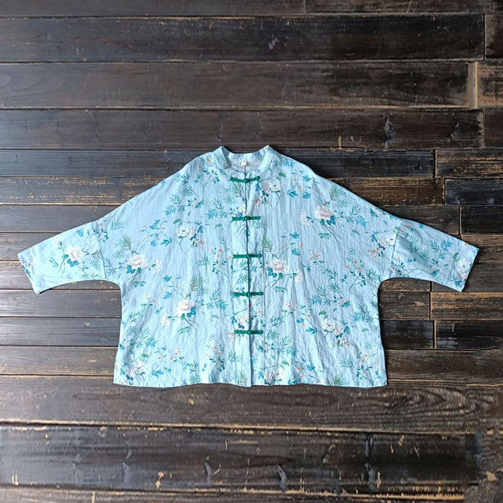 Camisa de lino con manga larga y botones de rana , con Buddha Stones, flores de color verde claro y rosa y hojas verdes