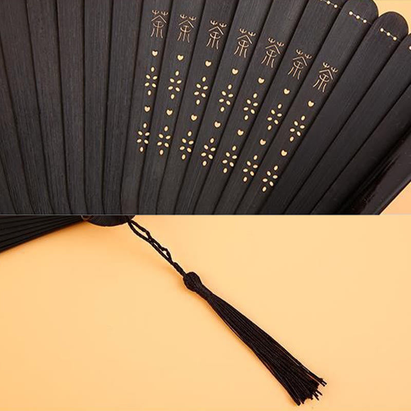 Buddha Stones Abanico plegable de bambú de mano con diseño de flor de hibisco y ciruelo - image 9