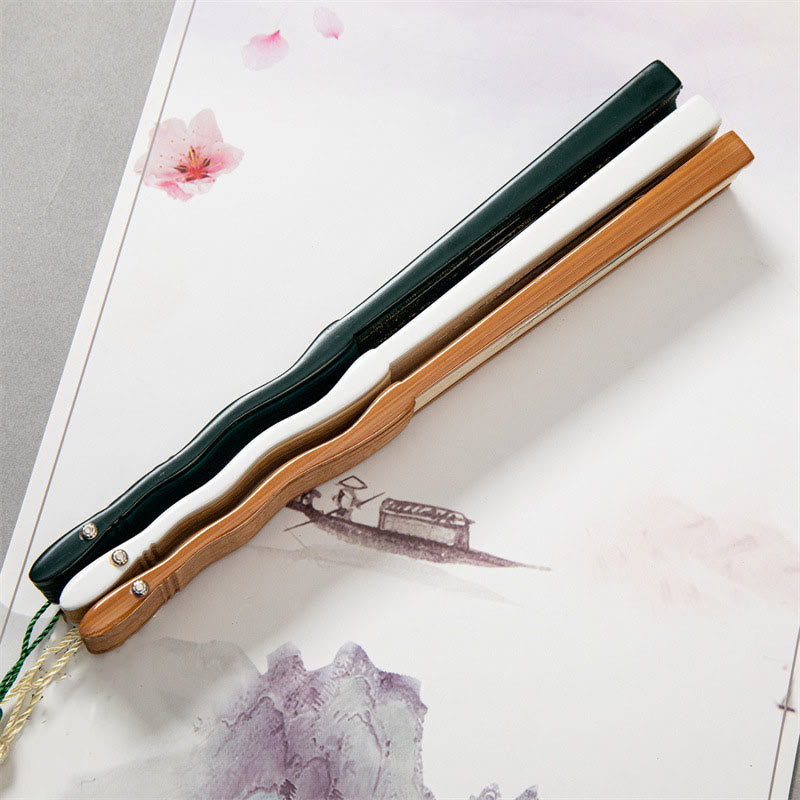 Buddha Stones Abanico plegable de bambú de seda de mano con diseño de grulla blanca voladora y nube solar de 22 cm - image 9