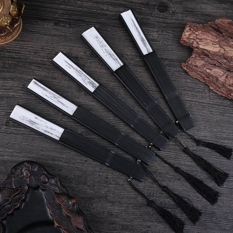 Buddha Stones Abanico plegable de bambú de seda de mano con diseño de montañas, ciruelo, flor de loto, urraca y hojas de bambú, 22,5 cm - image 12