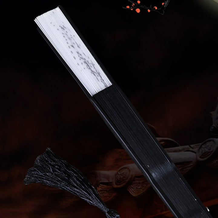 Buddha Stones Abanico plegable de bambú de seda de mano con diseño de montañas, ciruelo, flor de loto, urraca y hojas de bambú, 22,5 cm - image 14