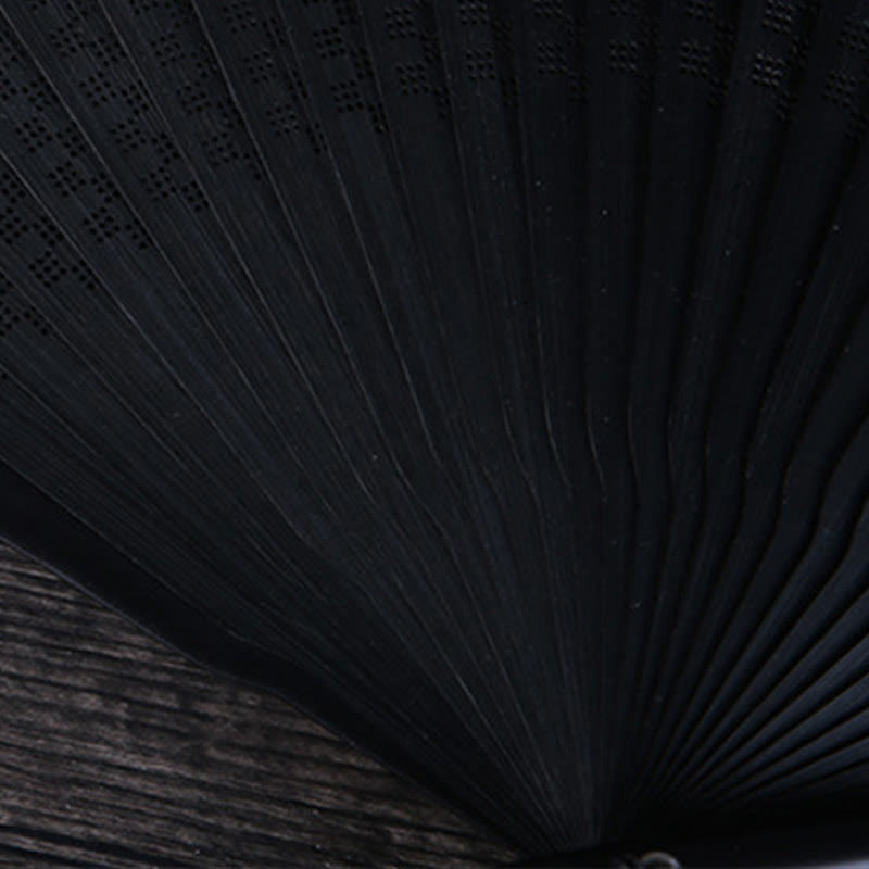 Buddha Stones Abanico plegable de bambú de seda de mano con diseño de montañas, ciruelo, flor de loto, urraca y hojas de bambú, 22,5 cm - image 16